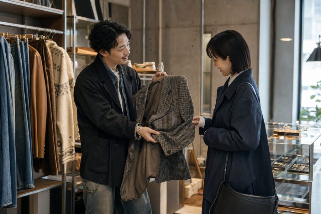 ブランド古着を手に取り、お客様へ接客するファッション好きのスタッフ